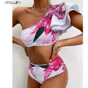 One Shoulder Flower Bikini Swimsuit